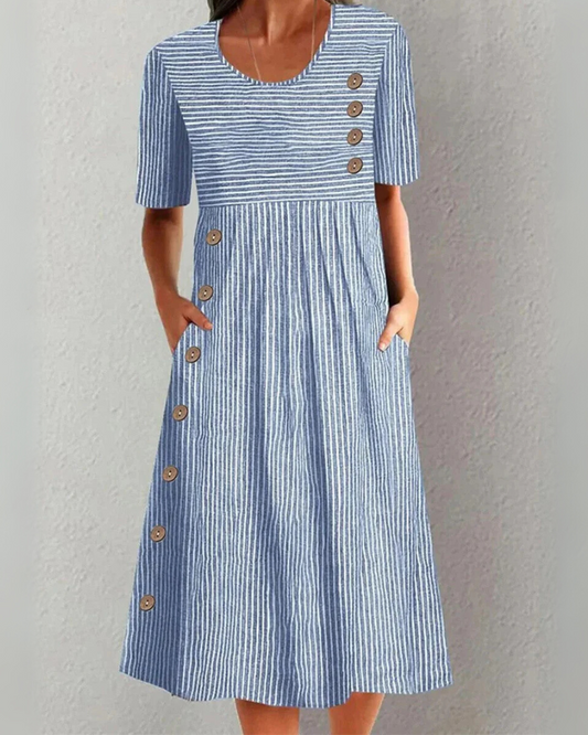 Clara | Robe Femme Midi Boutonnée en Coton Rayé pour Un Style Décontracté 0