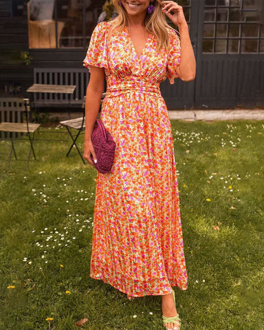 Clara | Robe Longue Femme Plissée Fluide à Col en V pour Été 0