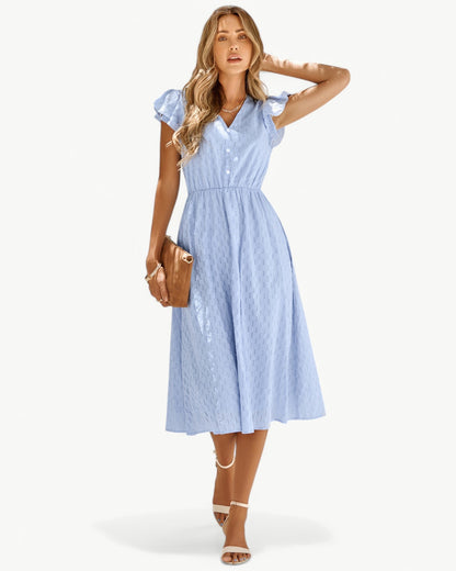 Elodie | Robe Midi Femme Chic à Manches Volantes pour Élégance Estivale 1