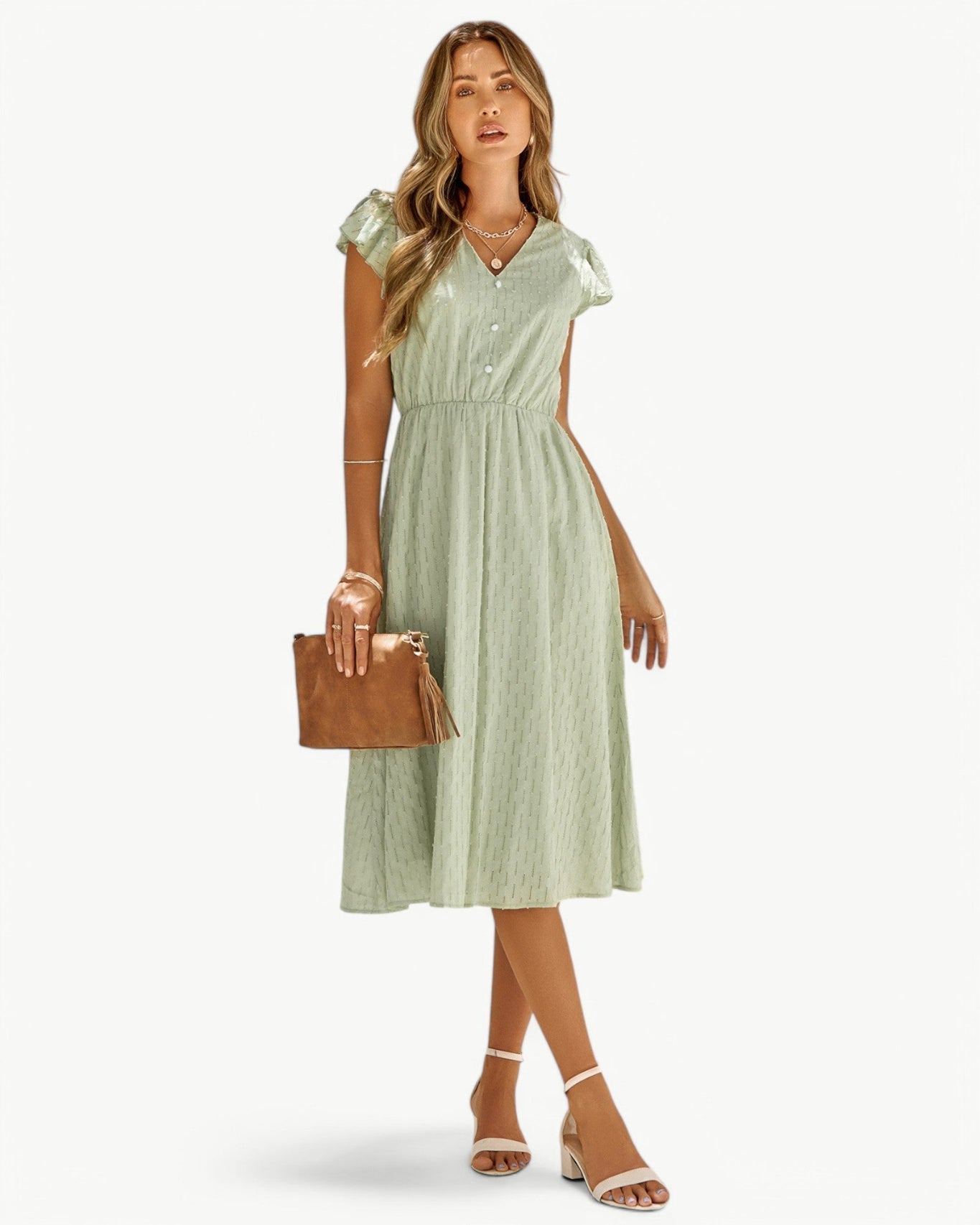 Elodie | Robe Midi Femme Chic à Manches Volantes pour Élégance Estivale 2