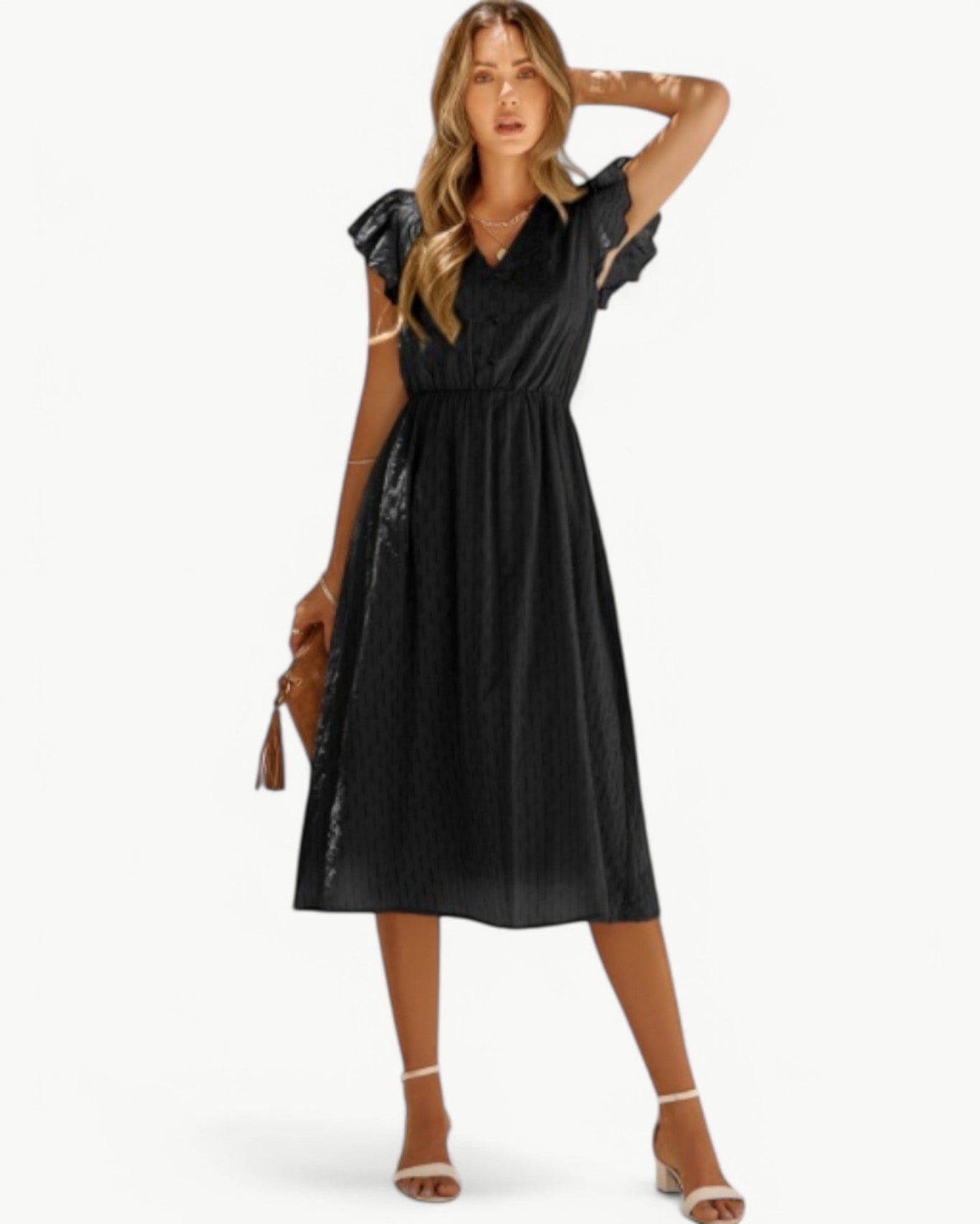 Elodie | Robe Midi Femme Chic à Manches Volantes pour Élégance Estivale 3