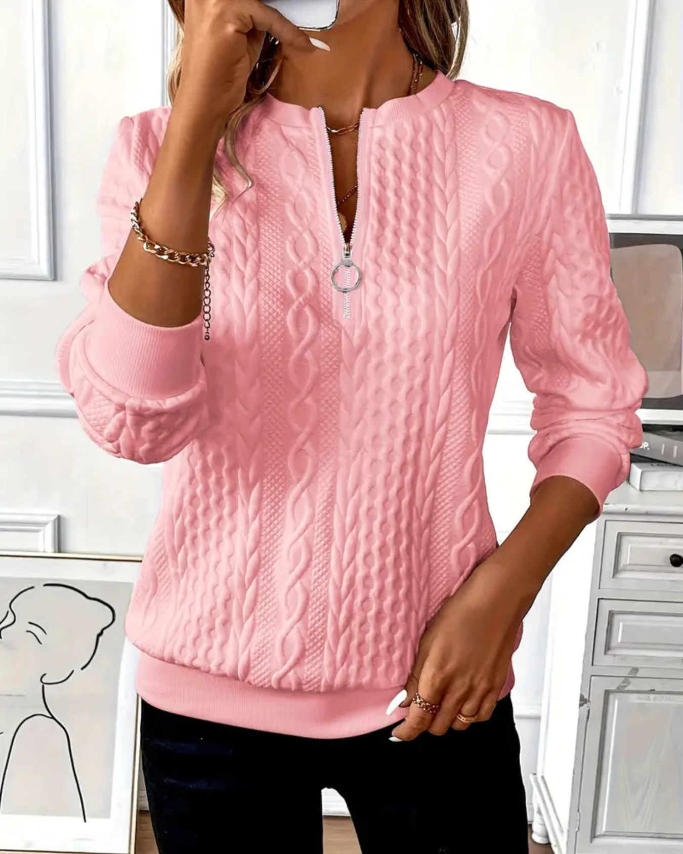 Léa | Pull Femme Zippé en Tricot Torsadé Chic et Confortable 0