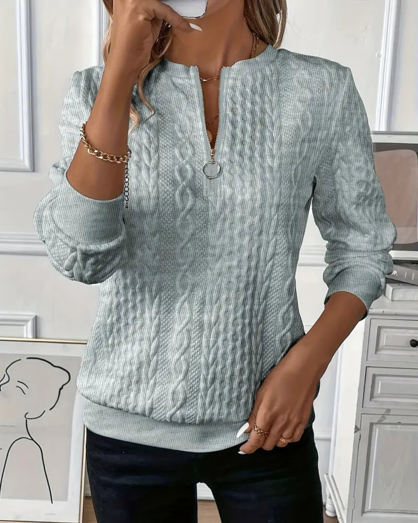 Léa | Pull Femme Zippé en Tricot Torsadé Chic et Confortable 2